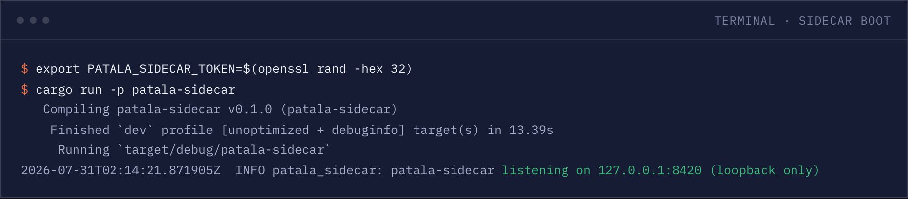 Terminal: exporting PATALA_SIDECAR_TOKEN and running cargo run -p patala-sidecar, ending with the real log line patala-sidecar listening on 127.0.0.1:8420 (loopback only).