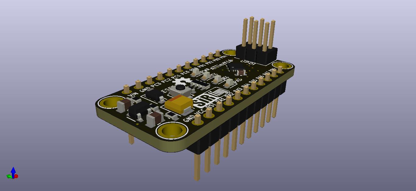 Isometric render of the SirTiny ATTinyX16 development board — black soldermask, gold-plated through holes, white silkscreen legend