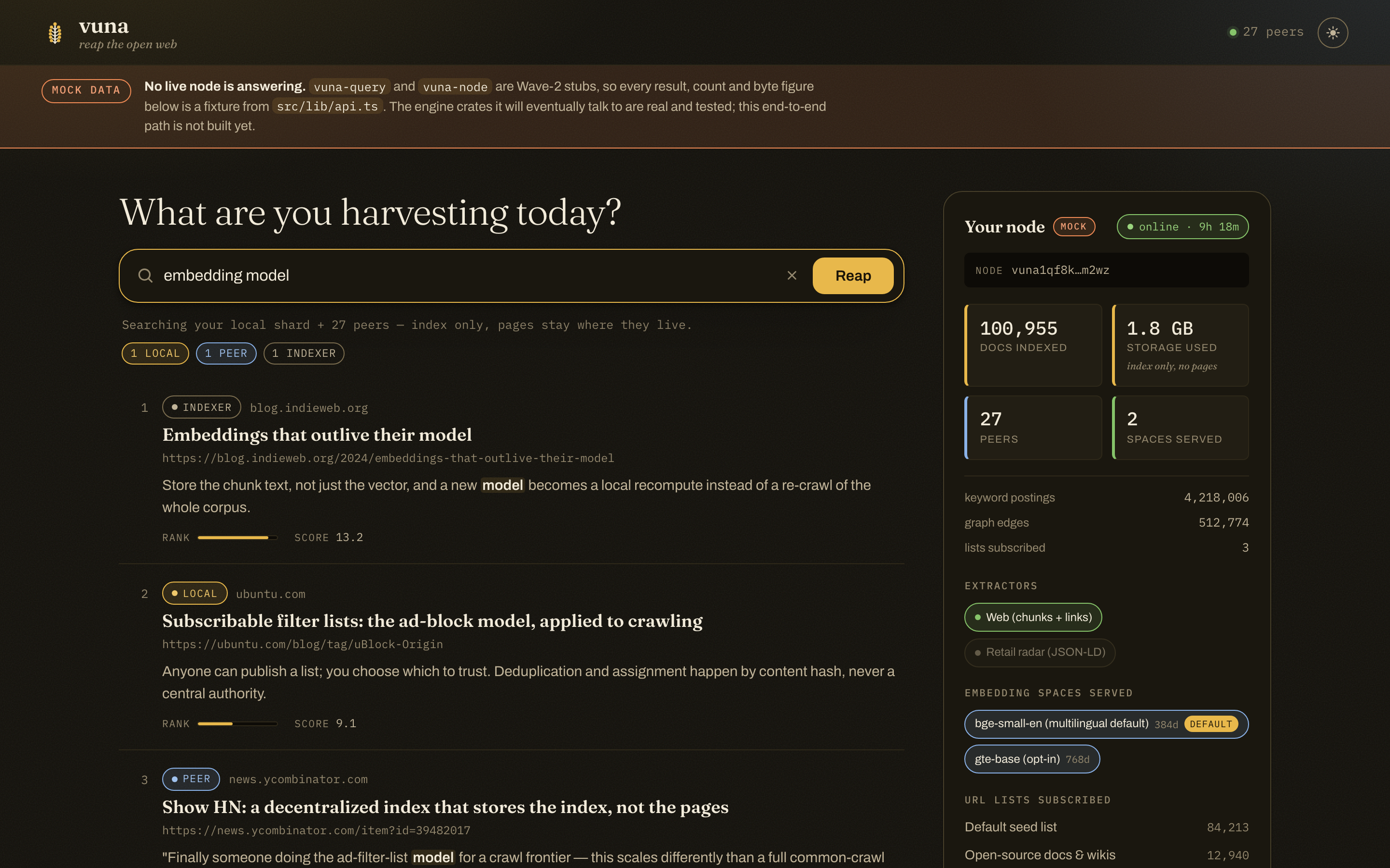 The same Vuna desktop app search view in its dark theme