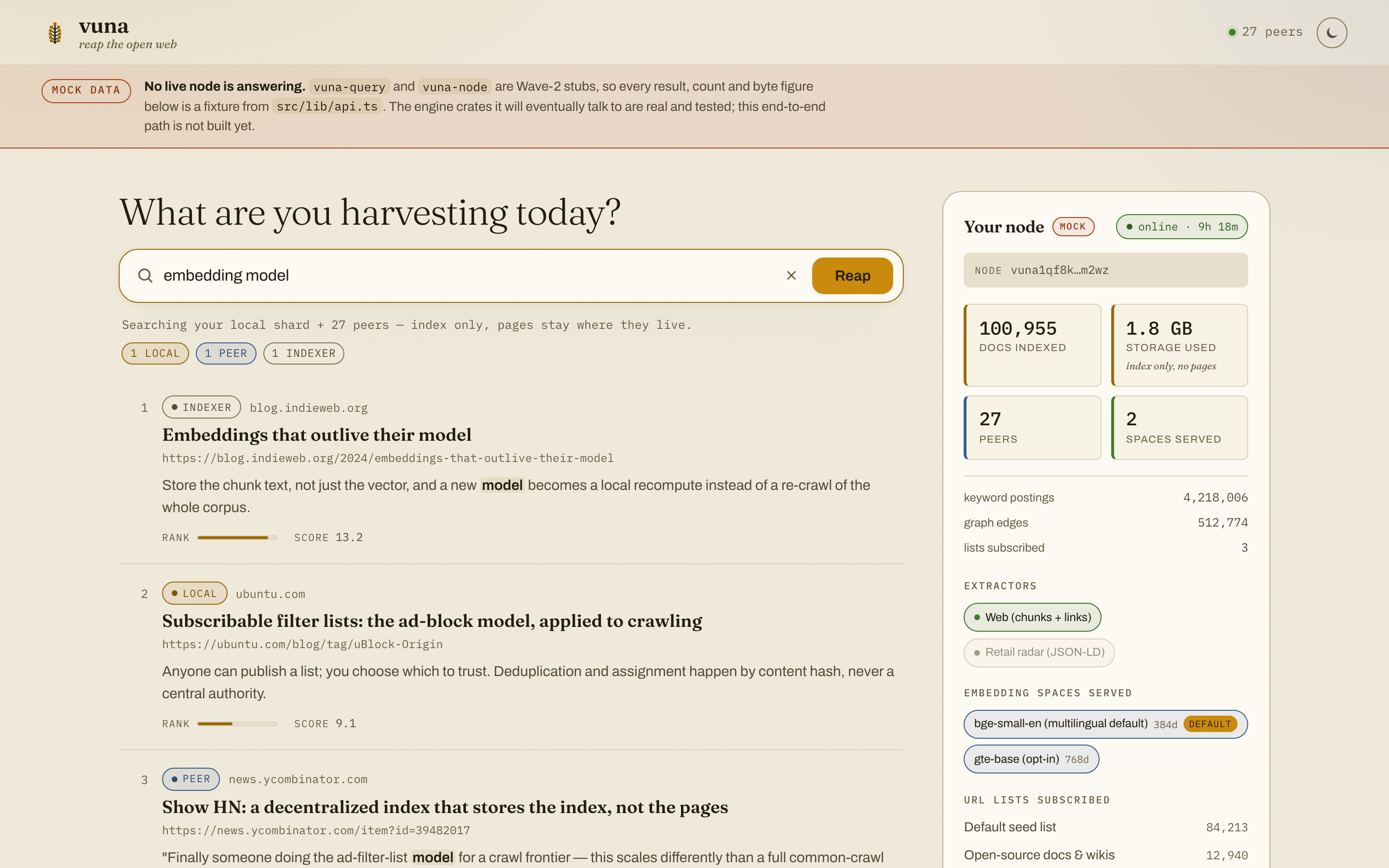 The Vuna desktop app in its light theme: a search box over a list of results, each tagged local, peer or indexer, with a snippet and a score, beside a node panel showing documents indexed, storage used, peers, embedding spaces served and subscribed URL lists