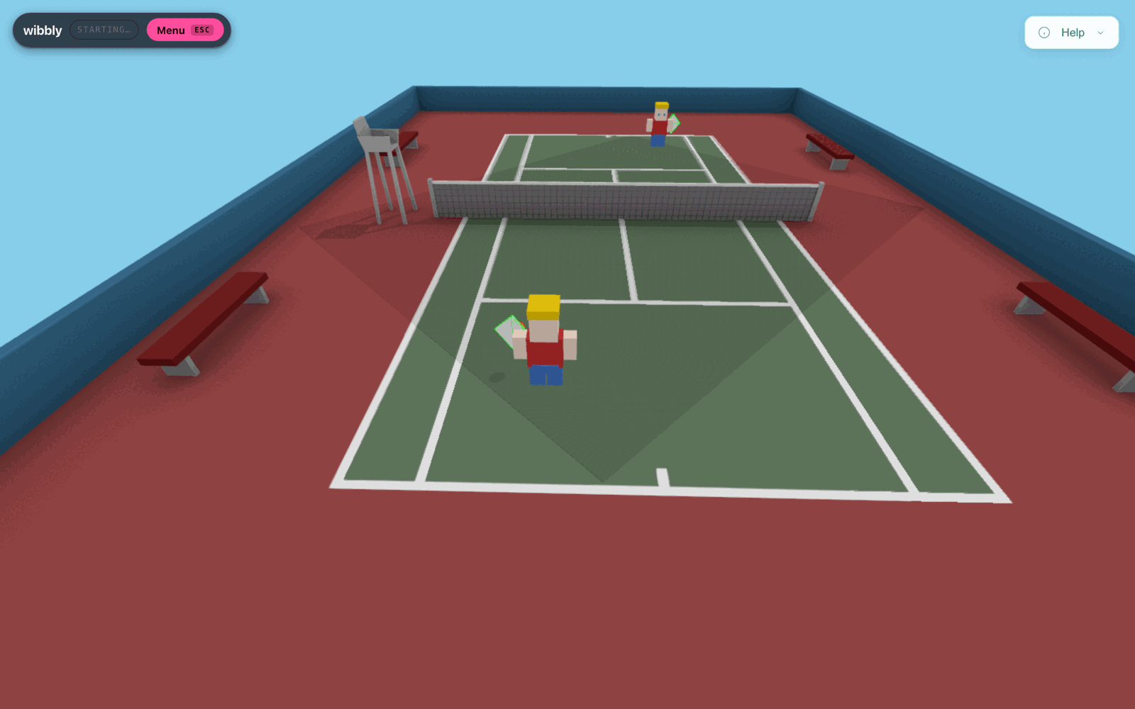 The tennis court: a Three.js scene with two blocky players and a net, seen from behind the baseline.