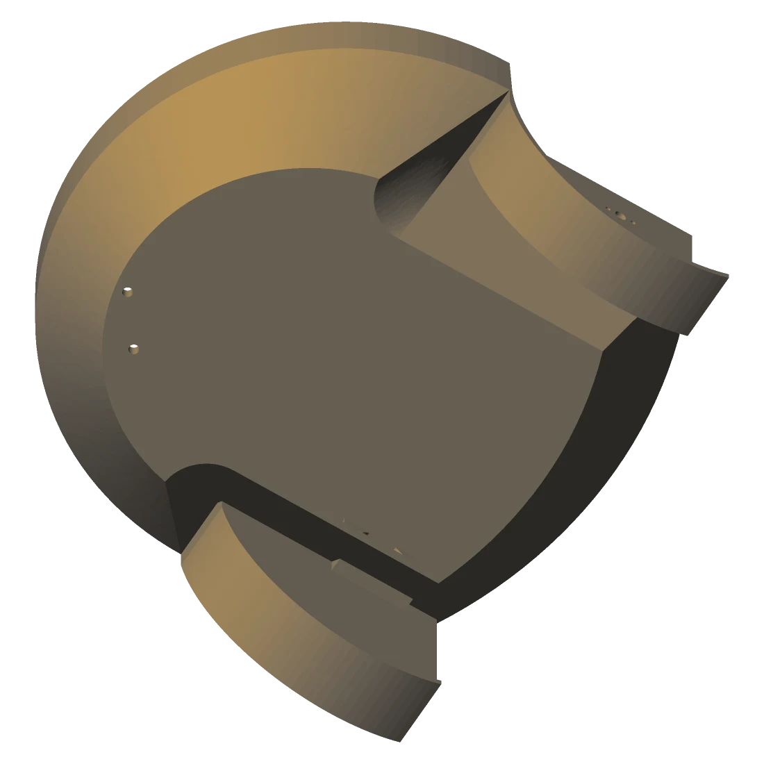 Axonometric render of the mower's chassis shell — a rounded body with two wheel arches cut into its sides — generated from the tracked mowbot3-Body.stl mesh.