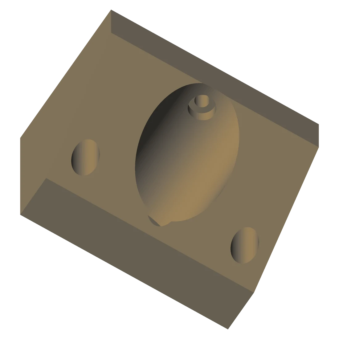 Render of the motor support bracket: a block with a large central bore, a counterbore and two fixing holes.